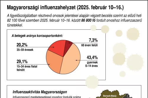 Grafikon – betegek aránya korcsoportonként, influenzaaktivitás vármegyénként