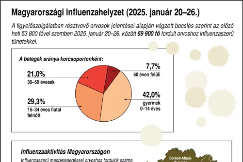 Grafikon – betegek aránya korcsoportonként, influenzaaktivitás vármegyénként
