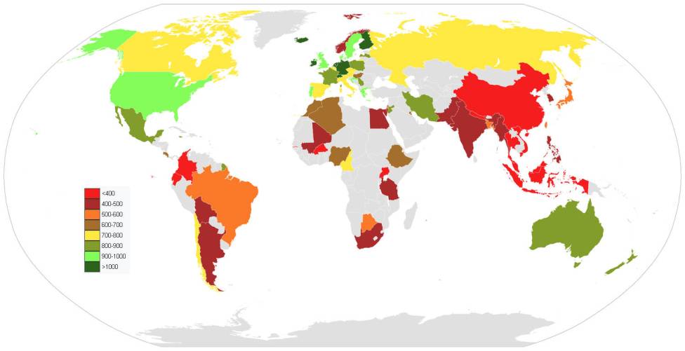 Napi kálciumbevitel a világban, színes térképen